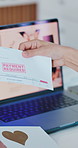 Businessman, delivery and letter for debt in office, series or payment required with financial stress. Courier, frustrated and worker reading mail, bankruptcy risk or throw paper for bills in startup