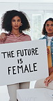 Face, women and poster in office for equal pay, empowerment and solidarity with creative business. Series, female people and feminism at workplace for equity, gender wage disparity and protest sign.