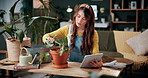 Prune, plant and woman in home on tablet for growth, maintenance and healthy leaves with how to. Eco friendly, house and girl on tech for indoor gardening, sustainability and research for houseplant