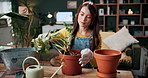 Pot plant, soil and woman with care in home for maintenance, hobby and floral growth. Eco friendly, house and person with fertilizer for indoor gardening, botany and health for potting houseplant