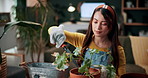 Botanist, plant and woman in home for gardening, fertilizer and maintenance for agriculture. Gardener, soil or female person at house with houseplant, botanical and spade with compost for leaf growth