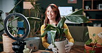 Live stream, plants and woman in home and talking for advice, botany tips and floral care for vlog. Influencer, content creator and person record with ring light for hobby, gardening and social media