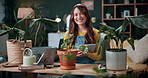 Tablet, plant and face of woman in home for growth, maintenance and internet for leaves. Eco friendly, house and portrait of happy person with tech for indoor gardening, research and botany website