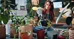 Pot plant, spade and woman on floor in home for maintenance, hobby and floral care. Eco friendly, house and person with fertilizer for indoor gardening, ecology and check for houseplant health