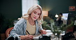 Creative, sketch and businesswoman with laptop in office, graphic designer and assignment on website. Employee, online and person with stylus for digital art, coworking and plan for design with tech