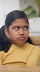 Childcare, angry and girl in house with tantrum, behavior challenge or frustration in emotional growth. Mad, unhappy or kid with conflict resolution, stubborn or discipline issue in child development