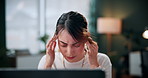 Frustrated, woman and laptop with headache in home for business deadline or overworked pressure. Female person, freelancer or remote work with migraine or massage on computer for stress or mistake