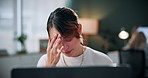 Creative, headache and woman with laptop in business, thinking and writer with brain fog or burnout. Author, reflection and person with migraine for deadline pressure, online and coworking in office