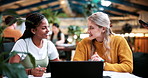 Smile, college and laptop with people in library for education, assignment submission and tutor feedback. University, student scholarship and exam grades with friends on campus for class schedule