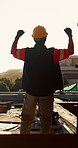 Construction, success or man on site with cheer, project finish or celebration in building progress. Back, flare or engineer with hardhat, deadline complete or achievement in industrial development.