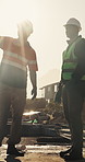 Construction, sunshine or team on site with inspection, progress track or evaluation in feedback chat. Flare, men or engineer with ppe, quality control or partner assessment in industrial development