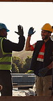 Happy, team or men with high five at construction site, development milestone or foundation progress. Celebration, support or people with happiness for target, property building or timeline success