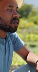 Tired, sweat and agriculture with black man on farm for harvest, crop fatigue and heatstroke. Farmer, burnout and sunstroke with exhausted person in countryside for heat wave, growth and overworked