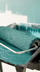 Paint, mess and remodeling with tools in new home, interior design or renovation project with roller. Color, change and equipment for room transformation, maintenance and creative house improvement