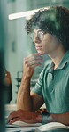 Man, thinking and programming with computer in office, online and planning for software development. Programmer, reflection and person with idea, problem solving and troubleshooting with tech on web