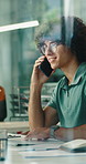 Creative, man and discussion in glass office with phone call, planning and social media management. Person, tech and contact in business with conversation, digital marketing update or brand campaign.