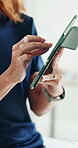 Healthcare, nurse and hands with tablet in hospital, scroll and searching for treatment plan on web. Clinic, medical professional and person with tech for research, health and browsing test results