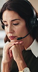 Business, woman and talk at call center with headset, customer service and online inquiry. Mature person, listen and mic in workplace for crm, client support and discussion for technical assistance