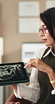 Medical, tablet screen or woman in clinic with x ray, mri result or feedback on jaw evaluation. Healthcare, digital or radiologist with stylus, diagnostic assessment or facial scan for treatment plan