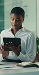 Business, research or black woman in office with tablet, client report or budget review for funding pitch. Audit, reading or finance advisor with tech, portfolio check or proposal plan for investment