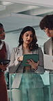 People, talk and meeting in creative agency with tablet, advice and research for graphic design project. Team, designer collaboration and tech in office with discussion, campaign planning and review.