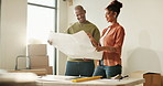 Happy couple, new home or blueprint for renovation, discussion or real estate idea for upgrade. African people, document or architectural planning at house, interior design or remodeling property