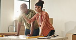Couple, real estate and blueprint for renovation, planning or point in new home for construction. African man, woman and remodeling document with flare, architecture idea or property design decision