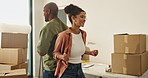 Moving, dance and couple with smile in new home, relocation and property ownership for celebration. Real estate, bonding and African people with mortgage for investment, milestone and groove to music