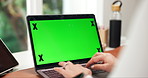 Green, screen and typing with hands and laptop in home office for research, advertising graph and tracking markers. Target audience feedback, mockup space and remote work with person in house