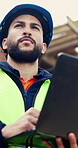 Laptop, man and thinking on construction site with developer for building, renovation project or repairs. Safety, feedback and civil engineer with tech for inspection update or risk assessment