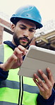 Tablet, man and scroll on construction site with developer for building, renovation project or repairs. Safety, feedback and civil engineer with digital tech for inspection update or risk assessment