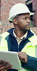 Tablet, black man and thinking on construction site with planning for building, renovation or repairs. Safety, feedback and civil engineer with digital tech for inspection update or risk assessment