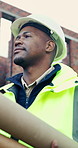 Thinking, engineer and man with blueprint at construction site, infrastructure and remodeling idea. Outdoor, property renovation or black person with plan for maintenance project, below or reflection