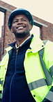Thinking, architect and man with inspection at construction site, infrastructure and remodeling idea. Worksite, property renovation or black person with check for maintenance progress, below or smile