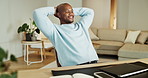 Relax, happy and black man in home with finished project for remote work with coding career. Smile, calm and African male software engineer with completed task in website development at apartment.