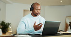 Headset, laptop and black man in home for contact us, communication or help desk with remote work. Talking, mic and male technical support consultant with call center or customer service in house.