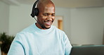 Headset, laptop and black man in home for call center, communication or help desk with remote work. Freelancer, mic and male technical support consultant with contact us or customer service in house.