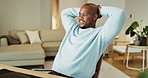 Relax, smile and black man in home with finished project for remote work with coding career. Happy, calm and African male software engineer with completed task in website development at apartment.