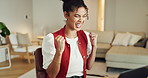 Celebration, laptop and happy woman with fist pump in home for good news, winning or promotion. Excited, female person or smile with computer for salary increase, bonus or notification in house