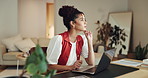 Businesswoman, online and thinking with laptop in office, financial report or tax submission on web. Business, accountant and person with information, reflection and filing returns with tech or audit