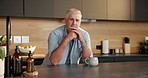 Pride, smile and face of old man in kitchen with retirement, optimism and positive personality. Funny, pensioner and elderly person in home, laughing or happiness with confidence, morning and routine