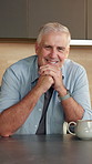 Kitchen, face and senior man with coffee, reflection and planning day with inspiration in home. Smile, portrait and elderly person with drink for nostalgia, memory and happiness on weekend morning