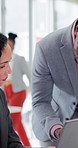 Team, online and discussion with laptop in office, budget review or financial planning with research. Business people, talking and collaboration with tech, happy and investment opportunity on website