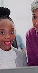 Women, discussion and ideas with laptop in office, budget review or financial planning with research. Business people, talking and collaboration with tech, online and investment opportunity on web