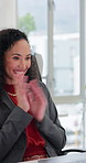 Celebration, applause and business woman with laptop, success and achievement for financial growth. Clapping hands, excited and person with tech for project, good news and winning for promotion