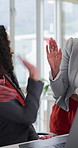 Excited, high five and business woman with laptop, success and achievement for financial growth. Applause, celebration and employee team with tech for project, good news and winning for partnership