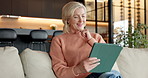 Thinking, freelancer and happy woman with tablet in home for ebook inspiration, draft or story idea. Technology, remote work and mature author on sofa, editing manuscript and planning with smile
