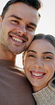 Face, travel and couple outdoor with smile, love and partner affection for summer holiday. Portrait, people or happy in nature with connection, healthy relationship and romantic date on vacation trip