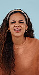 Confused, face and woman in studio with what, unsure and doubt for questions, frustrated and hearing. Wondering, listening and portrait of person with why, reaction and annoyed on blue background