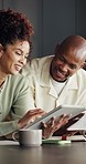 Couple, laugh and paperwork in home with tablet, funny joke and discussion for utility bills payment. Happy, married African people and humor in apartment with tech, documents and household expenses.